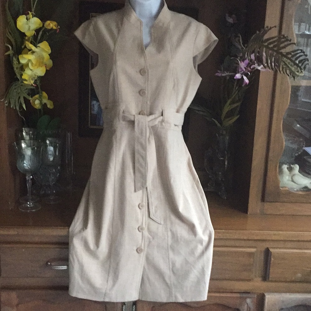 Calvin Klein buttoned belted cap sleev tan dress 8